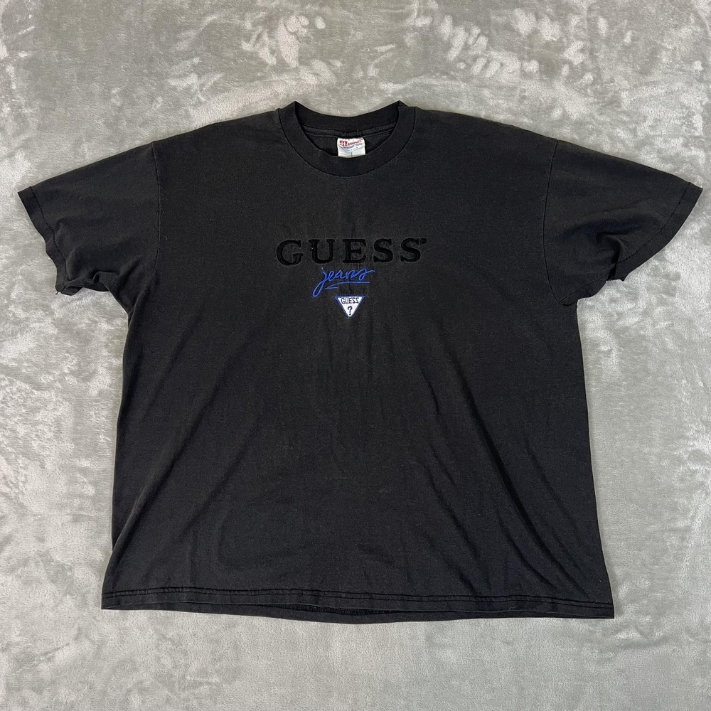 Vintage Guess Jeans Hanes Shirt Mens XL Black Embroidered Graphic Tee Made USA